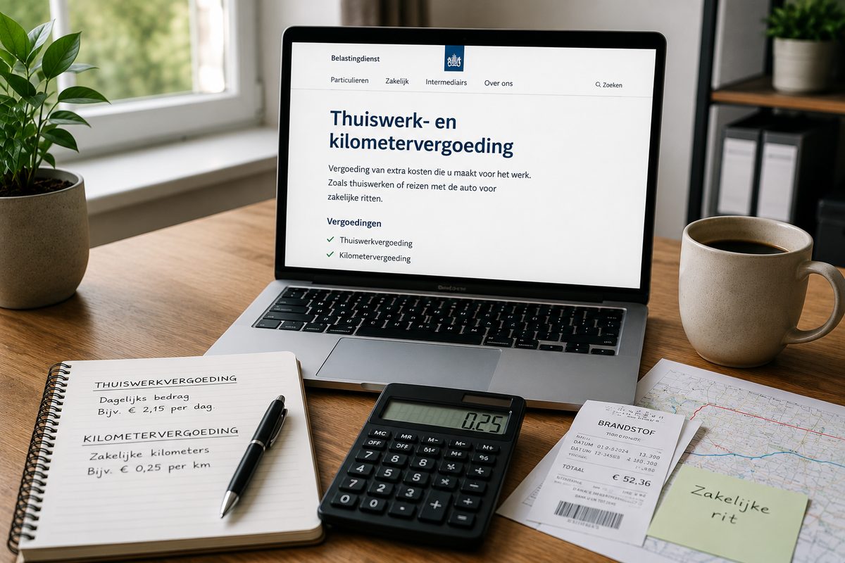 Belastingdienst-pagina over kilometervergoeding 2026 en thuiswerkvergoeding op laptop met rekenmachine en brandstofbonnetje